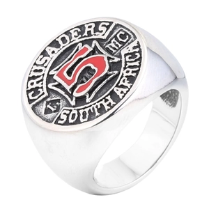 Men's vintage stainless steel signet ring with Crusaders MC South Africa emblem and red number 5