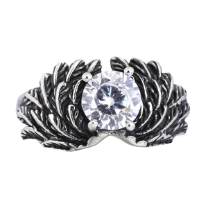 Vintage silver feather ring with round clear zircon gemstone center for men and women