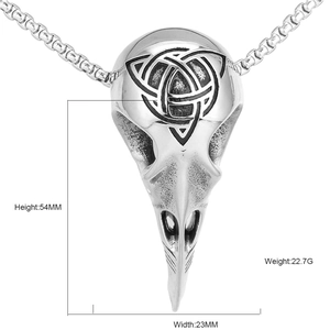 Vintage stainless steel Viking crow skull pendant necklace with Celtic knot engraving