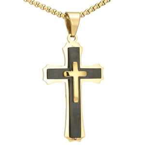 Drielaagse titaniumstalen kruisketting voor heren met gouden en zwarte metallic finish