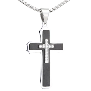 Detail of a three-layer punk cross necklace with black inlay and sparkling zircon stones
