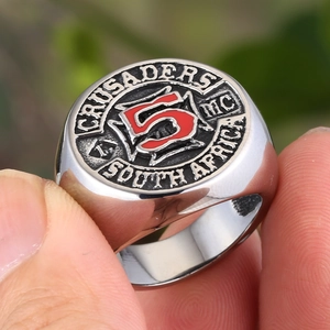 Men Vintage Stainless Steel Ring Crusaders MC South Africa Shield Signet Ring With Red Number Five Enamel Biker Jewelry
