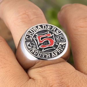 Vintage stainless steel ring featuring red number 5 shield and Crusaders MC engraving