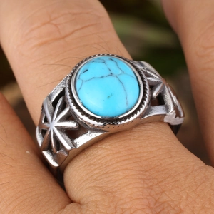Vintage titanium steel ring for men featuring oval turquoise and hollow star details