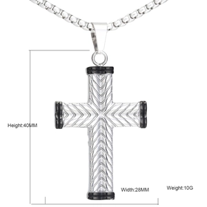 Minimalist stainless steel cross pendant necklace with industrial V-pattern texture for men