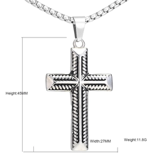 Vintage stainless steel cross pendant necklace with rope texture for men, 45mm height