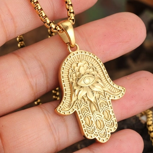 Stainless Steel Hamsa Hand Pendant Evil Eye Lotus Religious Amulet Gold Plated Jewelry For Men Women Neck Jewelry Gift