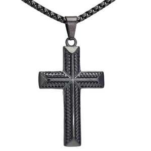 Detail of cross pendant with rope texture in black finish on box chain necklace