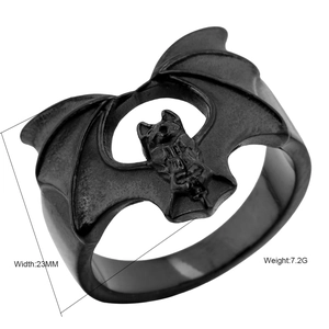 Gothic black bat wing ring in stainless steel, 23mm width and 7.2g weight design