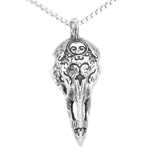 Vintage stainless steel raven skull pendant necklace with gothic floral engravings