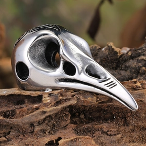 Vintage Viking raven skull ring in polished stainless steel with engraved rune details