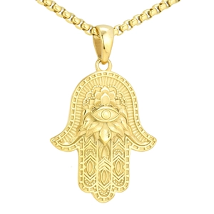 Golden Hamsa Hand pendant necklace with Evil Eye symbol and lotus detailing on box chain