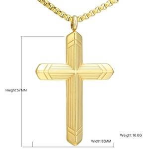 Golden titanium steel cross necklace with geometric texture 57mm by 35mm pendant