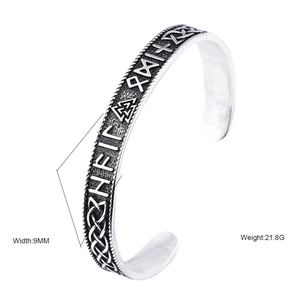Vintage silver Viking Thor hammer cuff bracelet with Valknut and Rune engravings, 9mm width