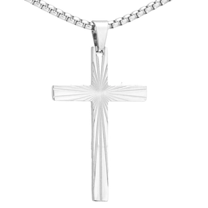 Minimalist silver stainless steel cross necklace with sunburst radial engraving on box chain