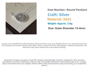 Detailed view of S925 sterling silver round pendant with stars and 19.4mm diameter info