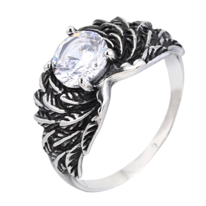 Retro gothic silver wing ring featuring a large round zircon stone in an antique finish