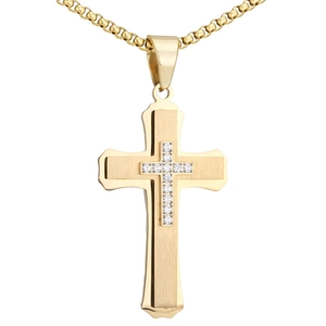 Golden three-layer stainless steel cross pendant necklace with sparkling white zircons