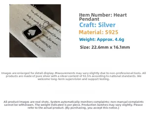 Macro shot of S925 sterling silver vintage spade heart pendant showing 22.6mm size detail