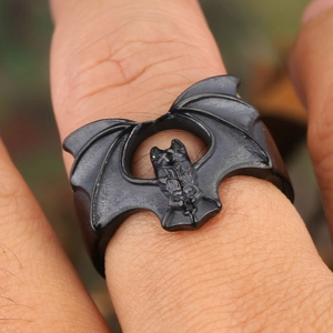 Gothic style matte black bat ring for men made of vintage stainless steel on finger