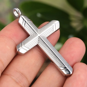 Titanium steel silver cross necklace pendant with vertical grooves and industrial style