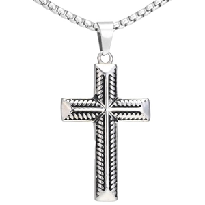 Vintage stainless steel cross necklace with woven rope texture and box chain
