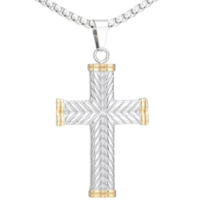 Men's stainless steel cross necklace with silver textured finish and gold edges