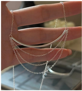Detail of S925 silver layered necklace with polished tube and delicate chain tassels