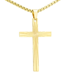 Macro shot of gold stainless steel cross pendant featuring radial sunburst texture