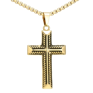 Collier croix vintage en acier inoxydable doré avec motif épi et chaîne vénitienne