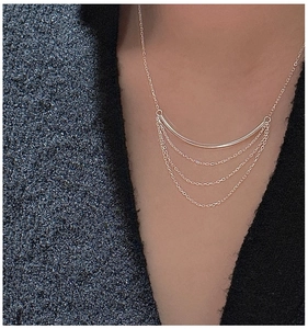 Detail view of multi-layer S925 silver fringe necklace on neck showing minimalist layered style