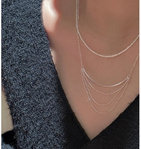 Macro shot of S925 sterling silver layered necklace with tassels and sparkling crystals