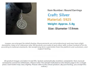 Detail of S925 sterling silver hollow woven round earrings showing 17.9mm diameter