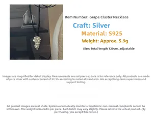 Macro detail of S925 sterling silver grape cluster pendant with adjustable 120cm cord