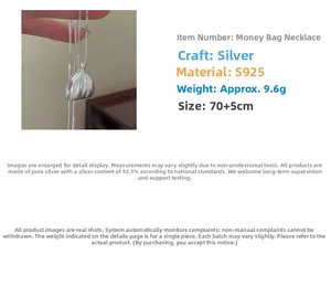 Détails macro du collier pendentif sac en argent S925 avec finition mate et spécifications