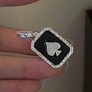 Vintage 925 Sterling Silver Spade Heart Rectangle Pendant Retro Black Enamel Rhinestone Inlaid Fashion Jewelry For Women