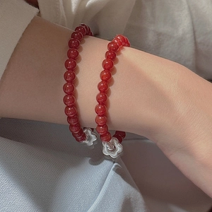 S925 sterling silver red agate flower bracelet with double layer beaded design