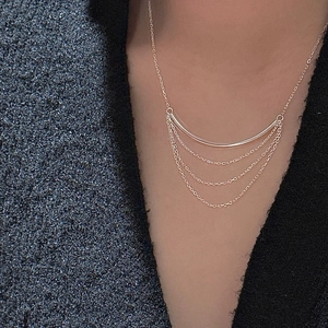S925 Sterling Silver Multi-layer Tassel Necklace For Women Minimalist Arc Tube Layered Chain Korean Style Niche Jewelry