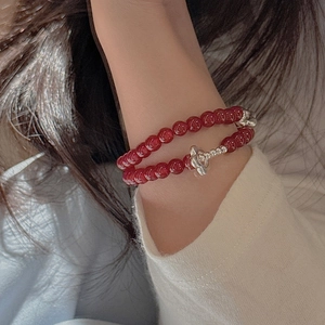 S925 sterling silver double-layer bracelet with red agate beads and floral charm