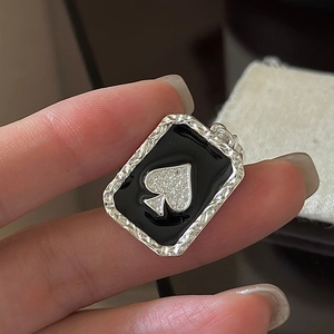 S925 sterling silver heart-spade pendant with pavé zircons and black enamel finish