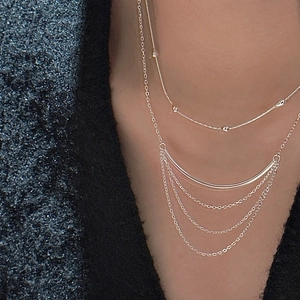 Minimalist S925 sterling silver multi-layered fringe tassel necklace on a model