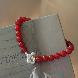 S925 sterling silver red agate bead bracelet with floral charm on vintage book