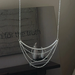 Elegant multi-layer S925 sterling silver tassel necklace with curved metal tube pendant