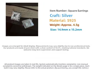 Detailed macro view of S925 sterling silver square earrings with geometric texture