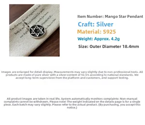Detail view of S925 sterling silver hexagram pendant with 18.4mm diameter and 4.2g weight