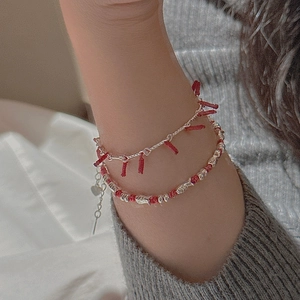 S925 sterling silver firecracker bracelet with red rope, small fish charm and heart pendant