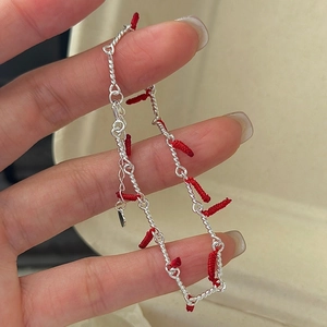 S925 silver bracelet with woven red knot firecracker charms and adjustable heart clasp