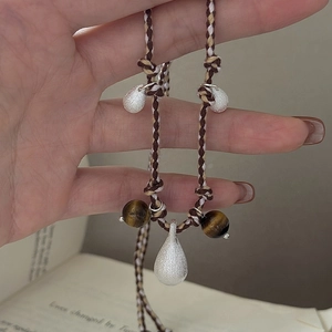 Nomadic Style 925 Sterling Silver Tiger Eye Stone Water Drop Pendant Hand-Woven Rope Necklace For Women Ethnic Retro Jewelry