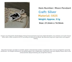 Detail of S925 sterling silver square moon pendant with black drip oil finish and stars