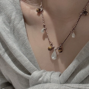 S925 silver beaded necklace with brushed water drop pendants and tiger eye stones